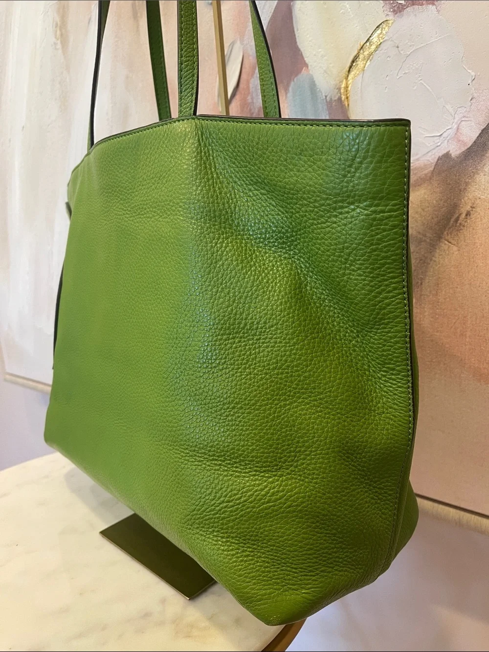 Tory Burch Green Leather Tote with Logo Accent